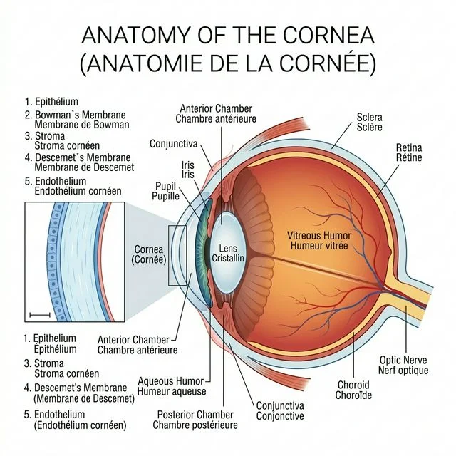 Illustration anatomique détaillee de la cornee de l'oeil