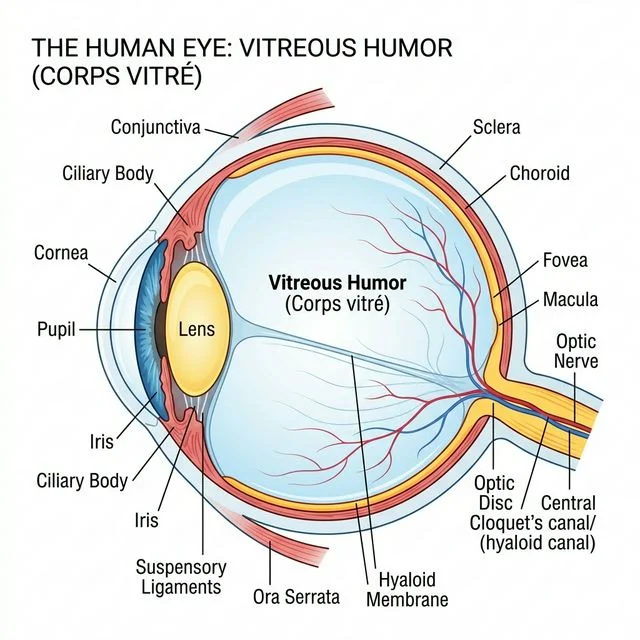 Illustration détaillée de l'anatomie du corps vitré de l'oeil