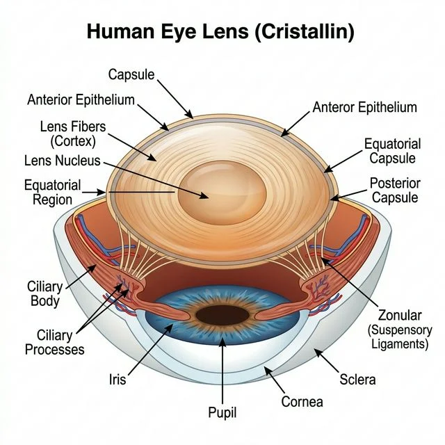 Illustration détaillée de l'anatomie du cristallin de l'oeil