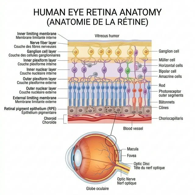 Illustration détaillée de l'anatomie de la rétine de l'oeil